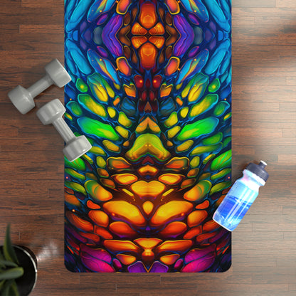 Angled view of the Scaled yoga mat resting on a floor.