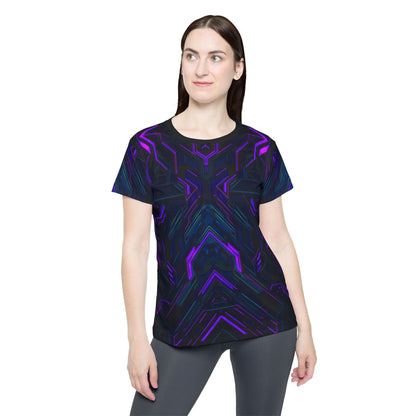 Close-up of the "Alice In Night City" print on the women's sport tee.