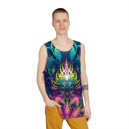 Angled view of the Gatekeepers men's tank top on a hanger.