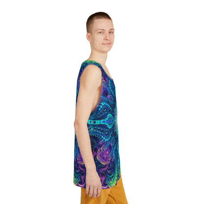 Side view of the 'Belladonna V2 (Square)' men's tank top laid flat, showing the seam and armhole trim.