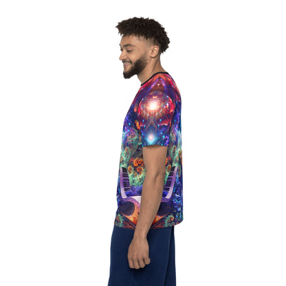 Men's sport tee in the Magnus Opum design, worn by a model, back view.