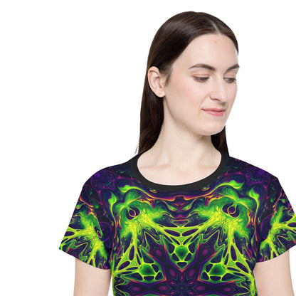 'Goodala' sport tee for women, close-up of the sleeve print.