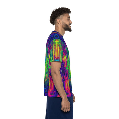 'Galaga' sport tee for men, close-up of the sleeve print.