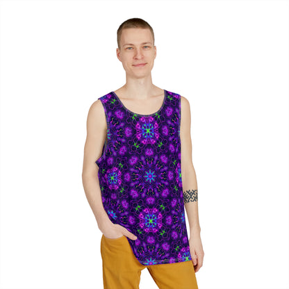 Close-up of the print detail on a 'Panspermia' men's tank top.