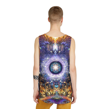 Angled view of the Immortal Truth men's tank top showing the fabric and print.