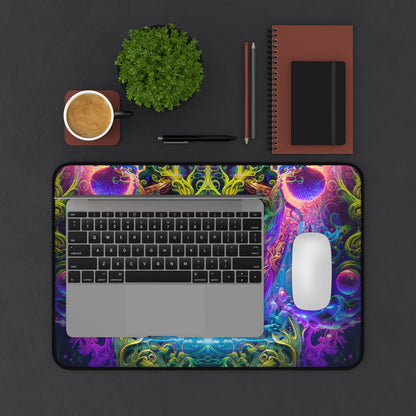 The Sacred Vine desk mat under a laptop and coffee mug on a desk
