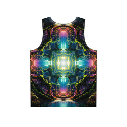Close-up of the Remnant Portal print detail on the men's tank top fabric.