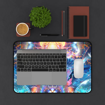 Soul Seeker desk mat under a laptop and coffee mug on a desk