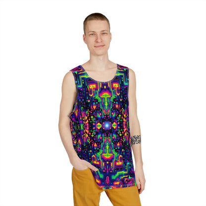 Close-up of the 'Trip Capacitor' print detail on the men's tank top fabric.