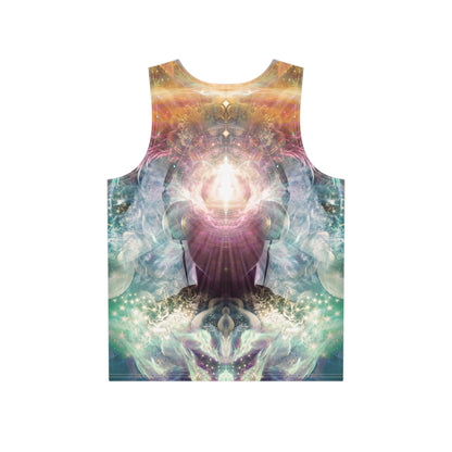 Close-up of the Celestial Vibrations print detail on a men's all-over print tank top.