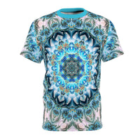 Front flat lay of the Return to Purity tee, teal collar and an icy blue and white crystal mandala print.