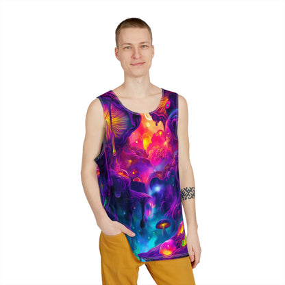 Angled view of the Night Light men's tank top on a hanger.