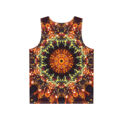 Close-up of the Autumn Bloom print detail on the men's tank top fabric.
