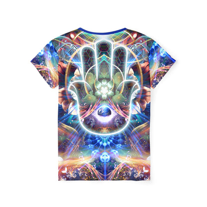 Women's sport tee in the Divine Protection psychedelic all-over print design, close-up of the print.
