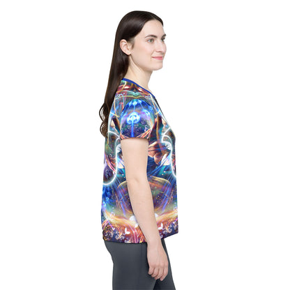 Women's sport tee in the Divine Protection psychedelic all-over print design, detail of the all-over print.