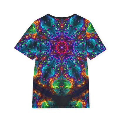 Side view of the Fungus Amongus Mandala print on the men's sport tee.