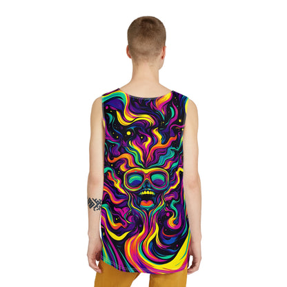 Corner detail of the Tastes Like Snozzberries print on a men's tank top.