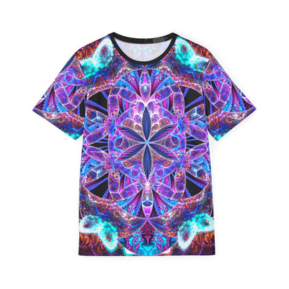 Flat lay of the "Flower of Life Mandala" men's sport tee showing the full print design.