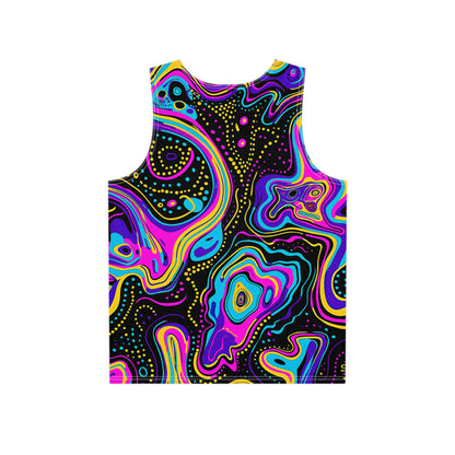 Close-up of the Neon-Ray Vision print detail on the men's tank top fabric.