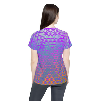 Women's sport tee in the Flower de Life V2 sacred geometry all-over print design, front view.