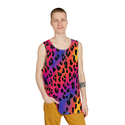 Angled view of the Rainbow Leopard men's tank top highlighting the print and cut.