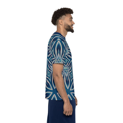 Side angle of the "Ice Chant" men's sport tee highlighting the print pattern.