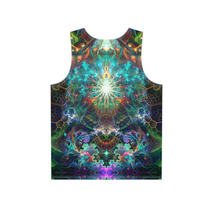 Close-up of the To Tree or Not to Tree print on a men's tank top.