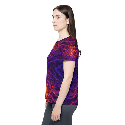 Angled view of the "Lilith's Gate V2" sport tee, showing the print from the side.