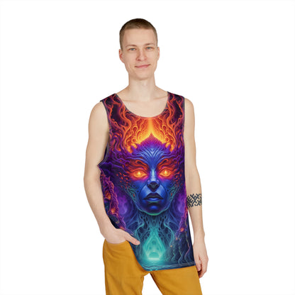 Close-up of the Lilith artwork detail on a men's tank top.