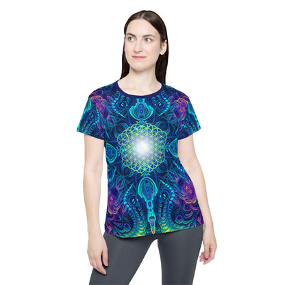Side view of the Belladonna V2 print on this women's sport tee