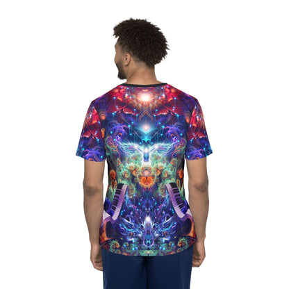 Men's sport tee in the Magnus Opum design, worn by a model, front view.