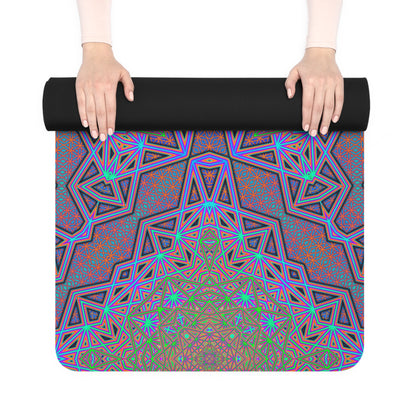 The 'Chaos of Tron' design shows a neon wireframe geometric star pattern on a rubber yoga mat.