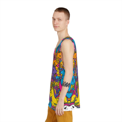 The 'Because Unicorns' men's tank top folded, showing the soft poly-spandex fabric texture.