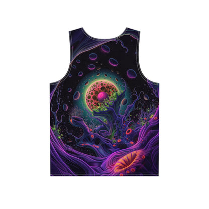 Close-up of the Space Anemone print on a men's tank top.