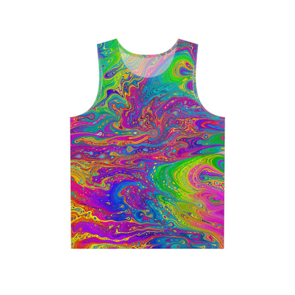Front flat lay of the 'UV Bleed' men's tank top showing the psychedelic all-over print.