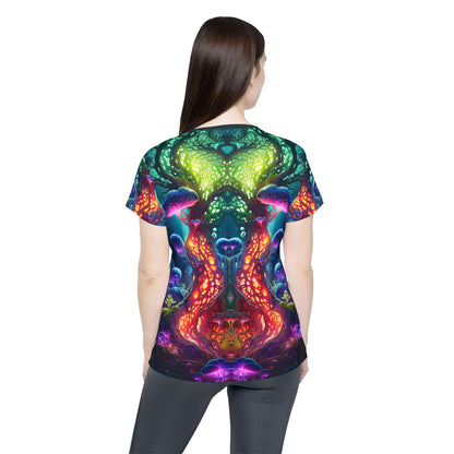 Close-up of the print detail of the Fungal Abyss design on the women's sport tee.