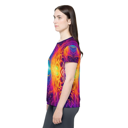 Corner detail of the Maze of Life V3 women's sport tee showing the print and seam.