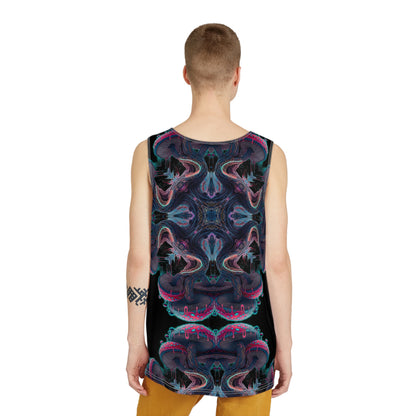 Corner detail of the Mushroom Tree Mandala tank top print and stitching.