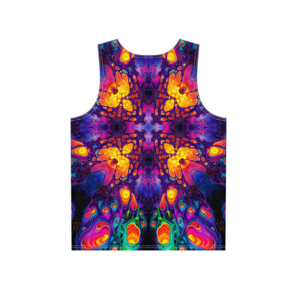 Close-up of the Nebulon Burst tank top fabric and print detail.