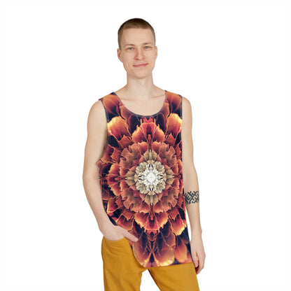 Flat lay of the men's tank top featuring the full 'Mandala Bloom' graphic design.