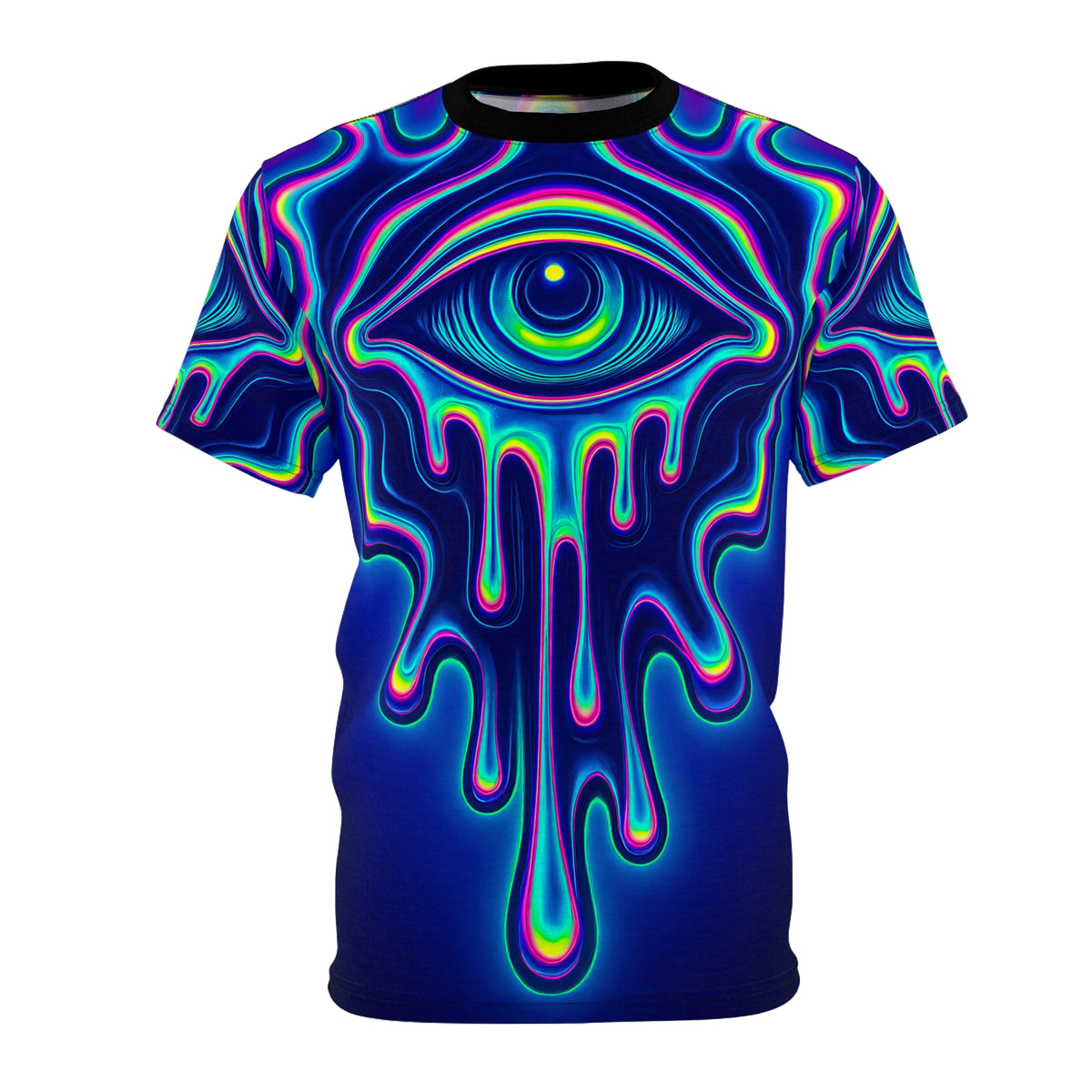 All Melting Eye design on a psychedelic visionary art t-shirt, flat lay front view.