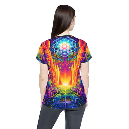 Women's sport tee in the DMTron psychedelic all-over print design, front view.