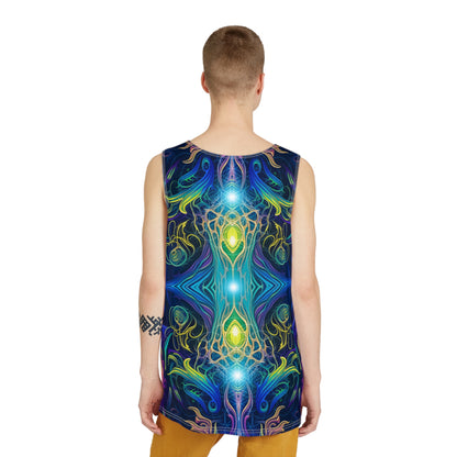 Corner detail of the Orchidious V3 tank top print and stitching.