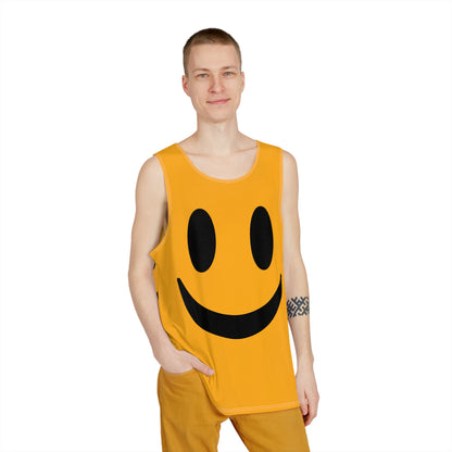 Close-up of the print detail on a 'Yellow Smiley' men's tank top.