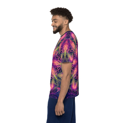 'Gatekeepers Mandala' sport tee for men, viewed from above laid flat.