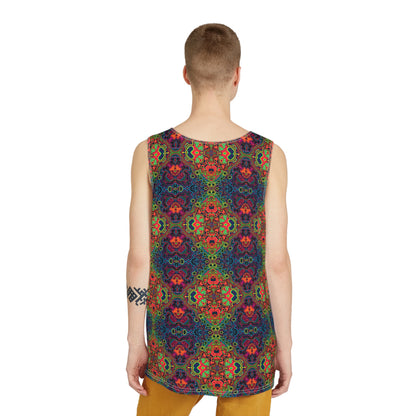 Corner detail of the Shipibo Psyy Pattern men's tank top print.