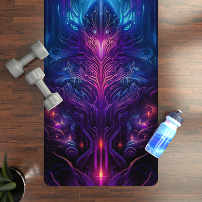 Midnight Spell yoga mat laid flat on a wood floor beside dumbbells and a water bottle, print facing up.