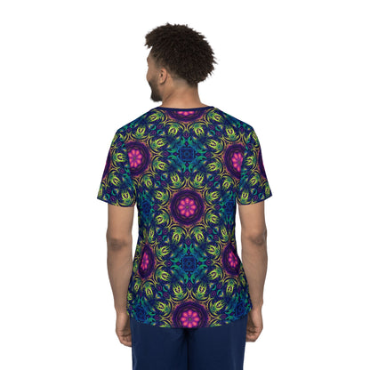 'Gatekeepers Pattern' sport tee for men, corner view showing the hem and seam.
