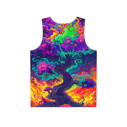 Back view of the Mush Tree So Color tank top with the print continuing across the fabric.