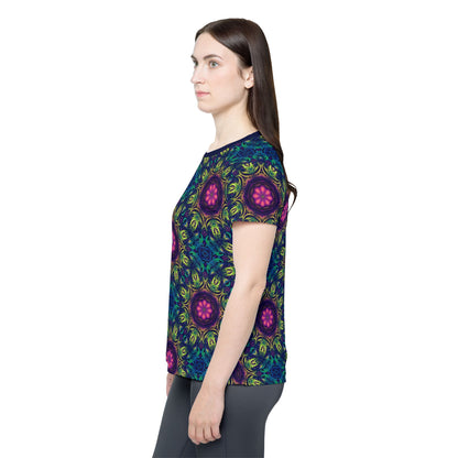 'Gatekeepers Pattern' sport tee for women, corner view showing the hem and seam.